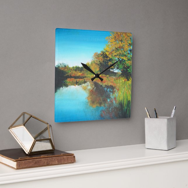 Horloge Carrée Rivières Arbres Automne Paysage Art (Bureau)