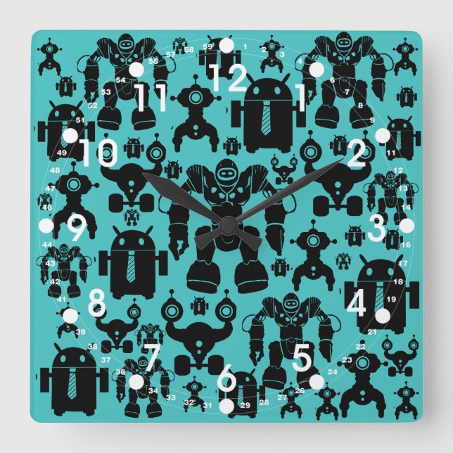 Horloge Carrée Robots Règle amusant Robot Silhouettes Motif Bleu (Recto)