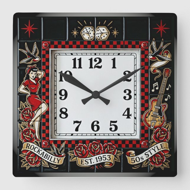 Horloge Carrée Rockabilly (Recto)