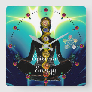 Horloge Carrée RODE D'ASCLEPIUS 7 CHAKRAS, YOGA LOTUS POSE Bleu