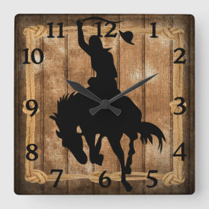 Horloge Carrée Rodeo Cowboy Horse Bronco Silhouette