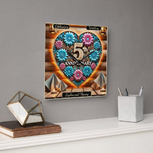 Horloge Carrée Romance rustique : Charme du 5e anniversaire