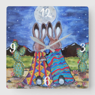 Horloge Carrée Romantic Rabbit Moon Southwest Clock Jackrabbit