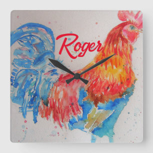 Horloge Carrée Rooster rouge aquarelle peinture art poulet