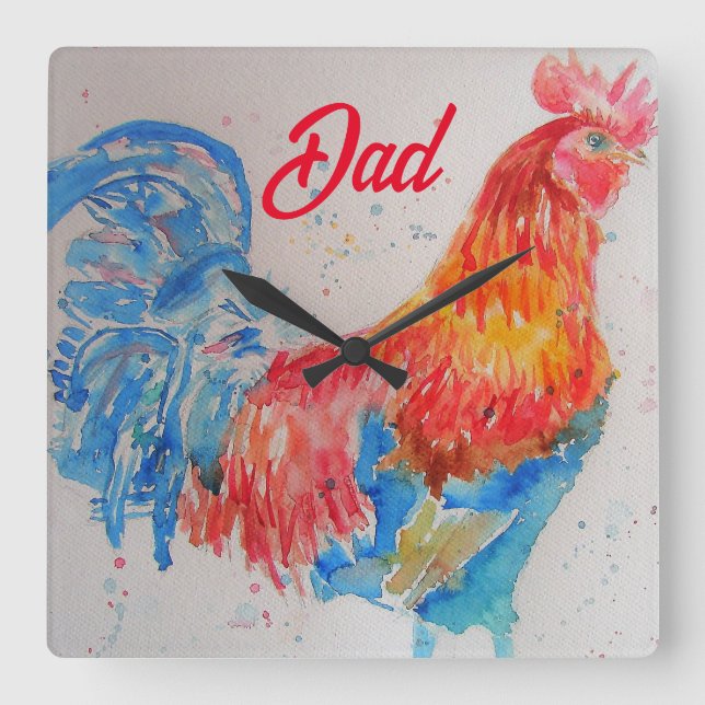 Horloge Carrée Rooster rouge Aquarelle Peinture Fête des pères Pa (Recto)