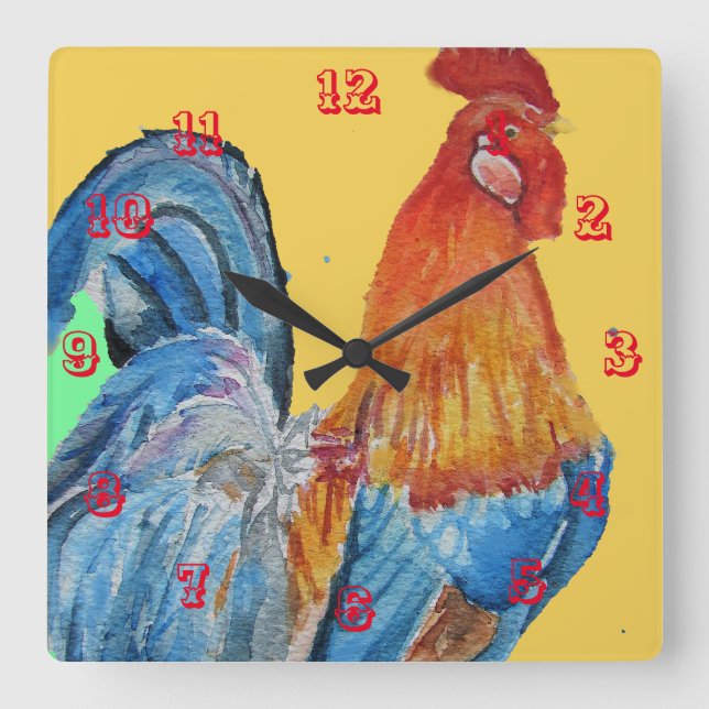 Horloge Carrée Rooster Rouge Cockerel Birds Aquarelle (Recto)