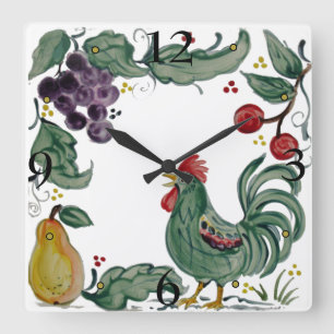 Horloge Carrée Rooster Turquoise rustique Fruit Folk Style Carrel