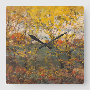Horloge Carrée Rooyal Chêne Automne Aquarelle Paysage Jaune orang