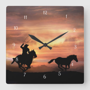 Horloge Carrée Roping Cowboy et Wild Horse