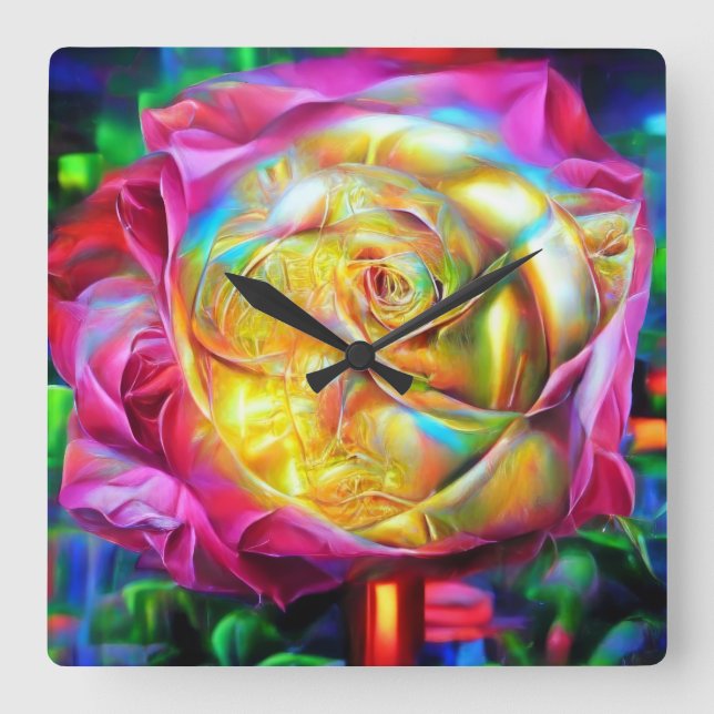 Horloge Carrée Rose arc-en-ciel psychédélique (Recto)