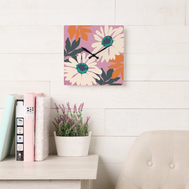Horloge Carrée Rose Blanc Couleur Pop Daisées Artistique Floral (Salle de lecture)