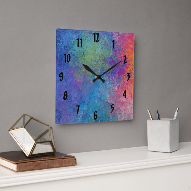 Horloge Carrée Rose Bleu Et Jaune Multi Couleur Abstrait (Bureau)