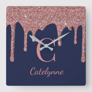 Horloge Carrée Rose bleu marine Parties scintillant étincelante o