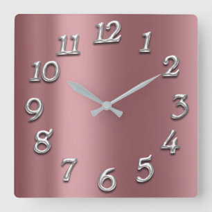 Horloge Carrée Rose Blush Metallic Arabes Numéros Gris Argent