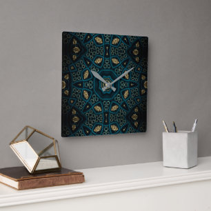 Horloge Carrée Rose Boho Gold Vert Mandala