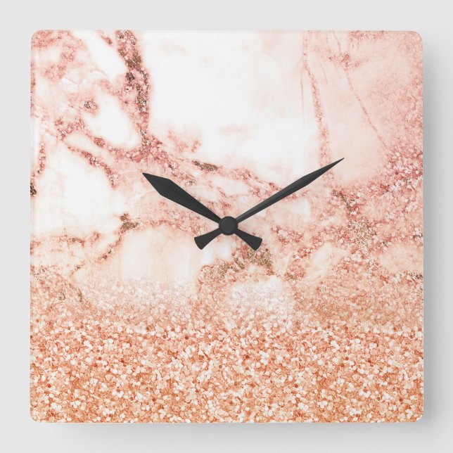 Horloge Carrée Rose chic Gold Ombre Parties scintillant Marbre (Recto)