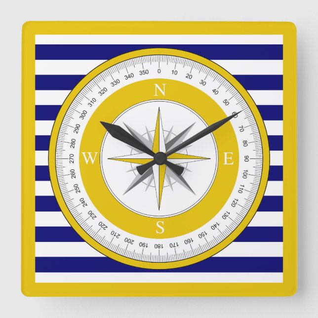 Horloge Carrée Rose de boussole jaune Bleu et blanc (Recto)