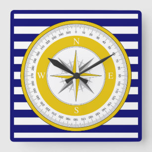 Horloge Carrée Rose de boussole jaune Bleu et blanc