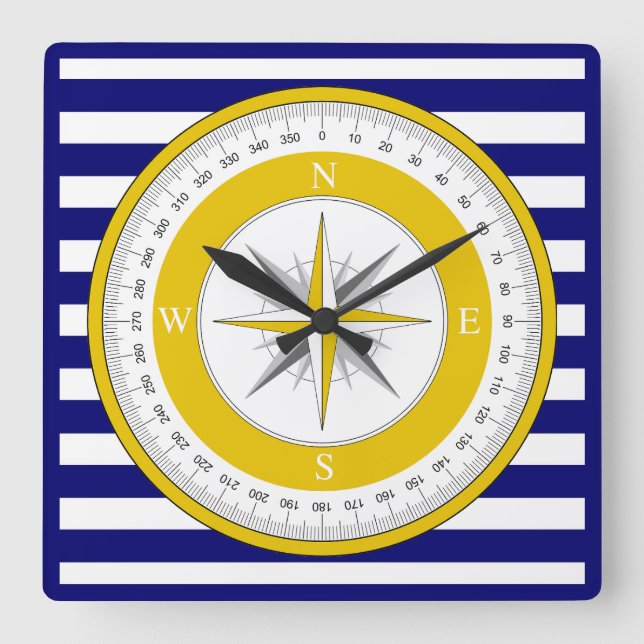 Horloge Carrée Rose de boussole jaune Bleu et blanc (Recto)