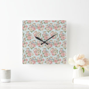 Horloge Carrée Rose de l'ange cherub coquette bleu et rose vintag