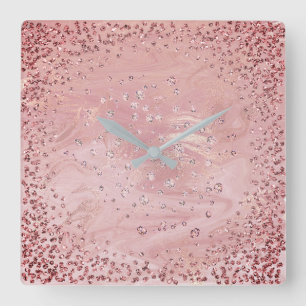 Horloge Carrée Rose de marbre de cristaux de diamant de graphite