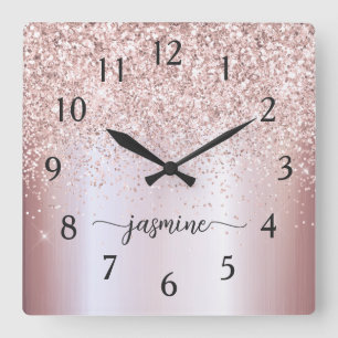 Horloge Carrée Rose élégant Parties scintillant or Monogramme Nom