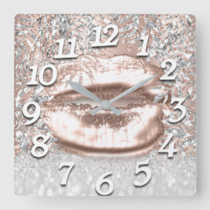 Horloge Carrée Rose FloralKiss Lips Numéros Beauté Argent