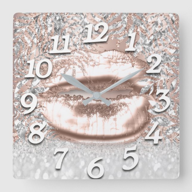 Horloge Carrée Rose FloralKiss Lips Numéros Beauté Argent (Recto)