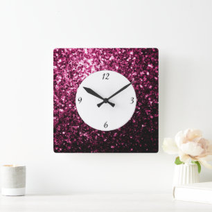 Horloge Carrée Rose foncé faux brillant paillettes scintillent av