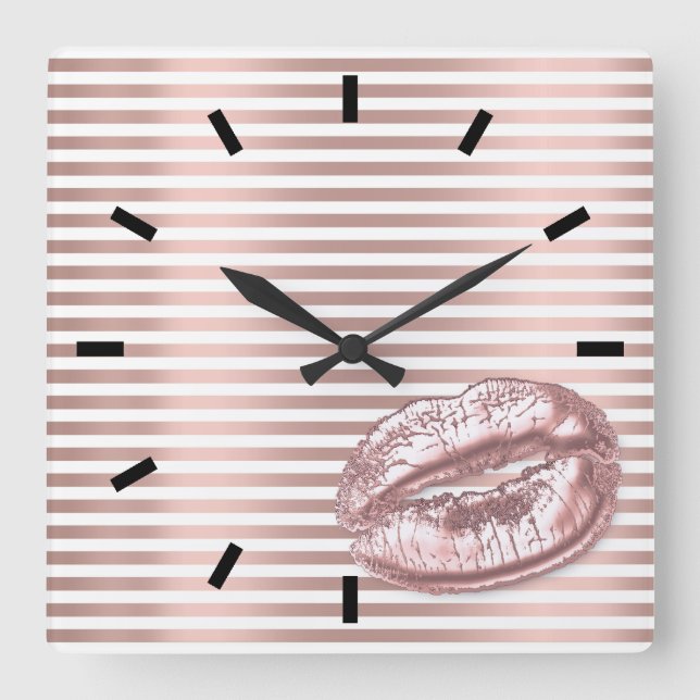 Horloge Carrée Rose Gold Black White Kiss Lièvres Stripes Lignes (Recto)