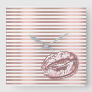Horloge Carrée Rose Gold Blanc Arabe Numéros Kiss Lips Stripes