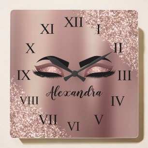 Horloge Carrée Rose Gold Blush Pink Monogram Glitter Eyelashes