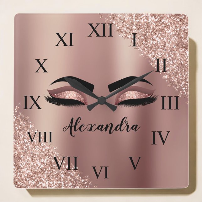 Horloge Carrée Rose Gold Blush Pink Monogram Glitter Eyelashes (Créateur téléchargé)