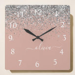 Horloge Carrée Rose Gold Blush rose Parties scintillant argent Mo<br><div class="desc">Rose Gold - Blush Pink and Silver Sparkle Glitter Script Monogram Nom Clock. This makes the perfect sweet 16 birthday,  wedding,  bridal shower,  anniversary,  baby shower or bachelorette party gift for someone that loves glam luxury and chic styles.</div>