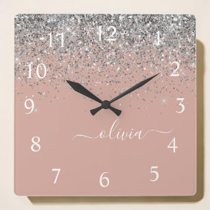 Horloge Carrée Rose Gold Blush rose Parties scintillant argent Mo