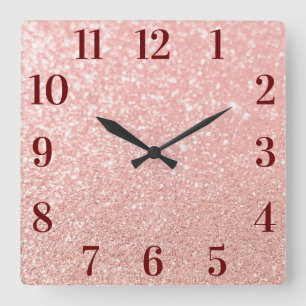 Horloge Carrée Rose Gold Faux Glitter Elegant Burgundy Numbers