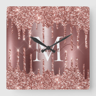 Horloge Carrée Rose Gold Glitter Coulures Monogramme Personnalisé