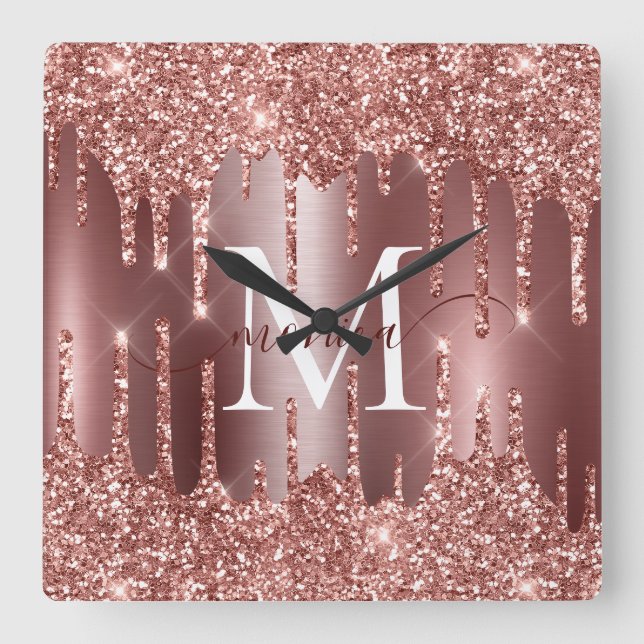 Horloge Carrée Rose Gold Glitter Drips Monogram Personalized (Recto)