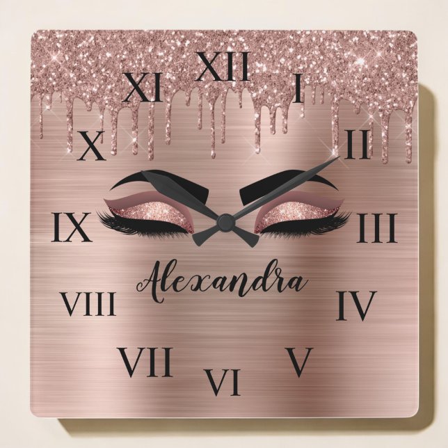 Horloge Carrée Rose Gold Glitter Sparkle Eyelashes Monogram Name (Créateur téléchargé)