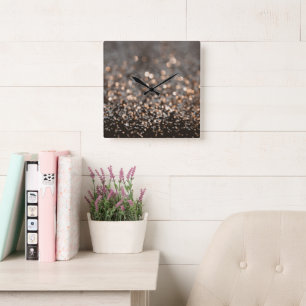 Horloge Carrée Rose Gold Paillettes Bokeh Glam 1