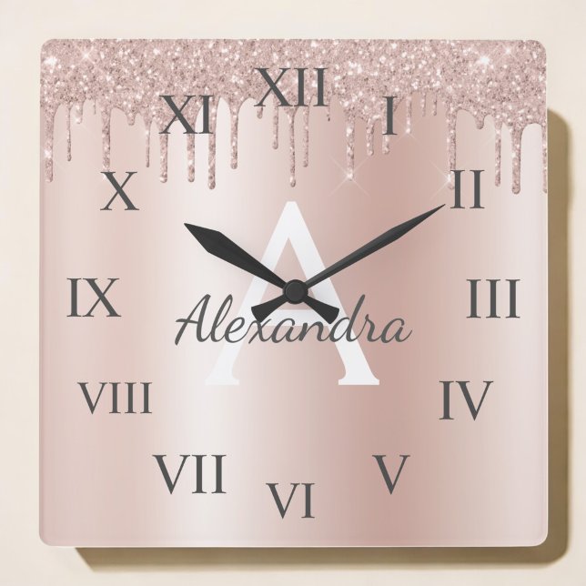 Horloge Carrée Rose Gold - Parties scintillant rose pâle Nom du m (Créateur téléchargé)