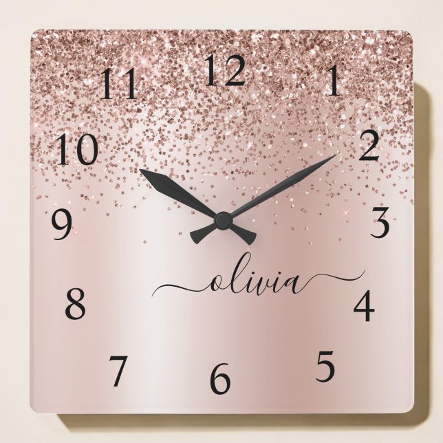 Horloge Carrée Rose Gold - Parties scintillant rose pâle Nom du m (Créateur téléchargé)