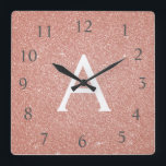 Horloge Carrée Rose Gold Sparkle Glitter Monogram<br><div class="desc">Blush Pink - Rose Gold Sparkle Parties scintillant Nom du monogramme et horloge murale de service initial. L'horloge murale est le cadeau parfait pour quelqu'un qui aime la parties scintillant rose étincelante.</div>