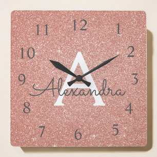 Horloge Carrée Rose Gold Sparkle Glitter Monogram