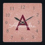 Horloge Carrée Rose Gold Sparkle Glitter Monogram<br><div class="desc">Blush Pink - Rose Gold et Bourgogne Parties scintillant Étincelle Nom du monogramme et horloge murale initiale de service. L'horloge murale est le cadeau parfait pour quelqu'un qui aime la parties scintillant rose étincelante.</div>