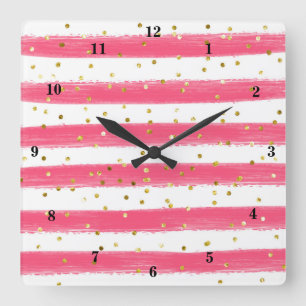 Horloge Carrée Rose moderne, blanc, Gold Stripes, Confeti Clock