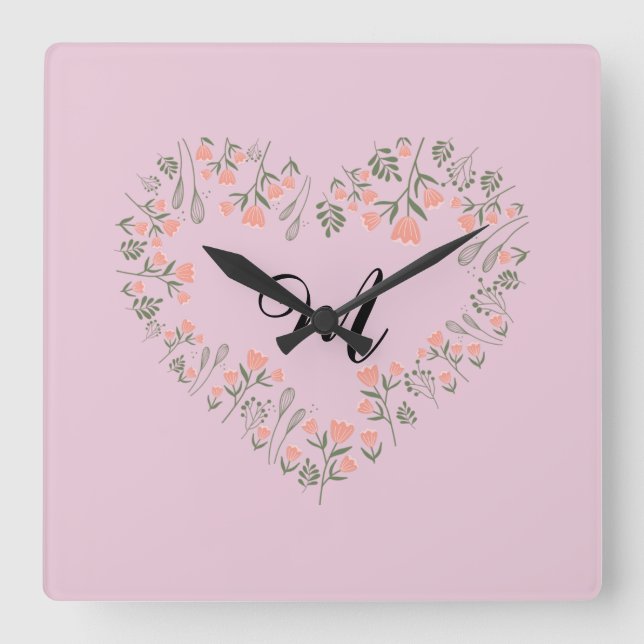Horloge Carrée Rose Orange Floral et Vert Coeur Monogramme (Recto)