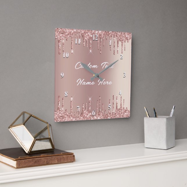 Horloge Carrée Rose Parties scintillant or cadenas avec texte per (Bureau)