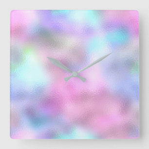 Horloge Carrée Rose Pastel en verre Parties scintillant bleu Ombr