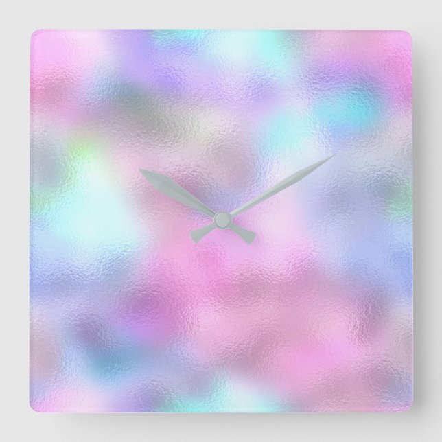 Horloge Carrée Rose Pastel en verre Parties scintillant bleu Ombr (Recto)